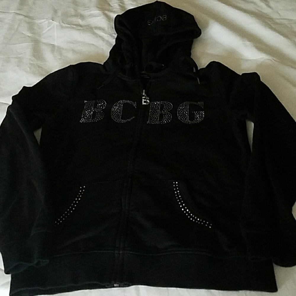 BCBG black zip up hoodie with bling lettering